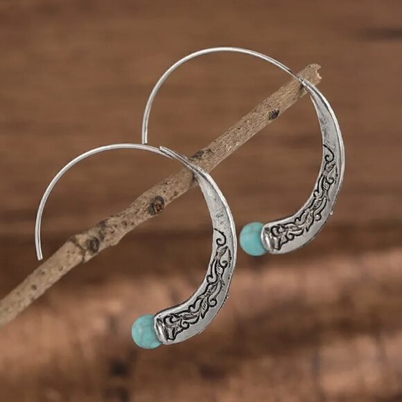 Large Silver Tone Feather Spiral Earrings in Turquoise Blue #1314 - Picture 8 of 8